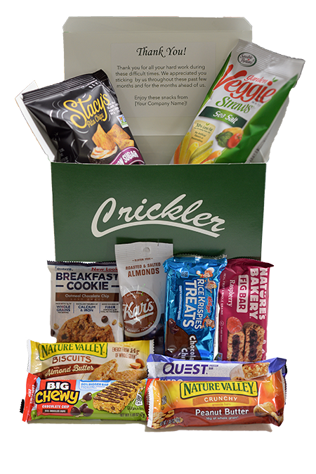 a Crickler snack box with 10 snacks and thank you note