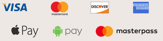 logos for visa, mastercard, discover, american express, masterpass, android pay, and apple pay
