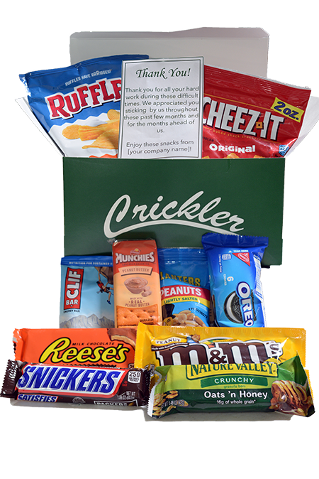 a Crickler snack box with 10 snacks and a thank you note