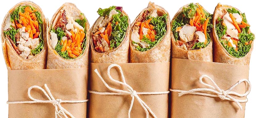 six wraps packed in brown paper with ties