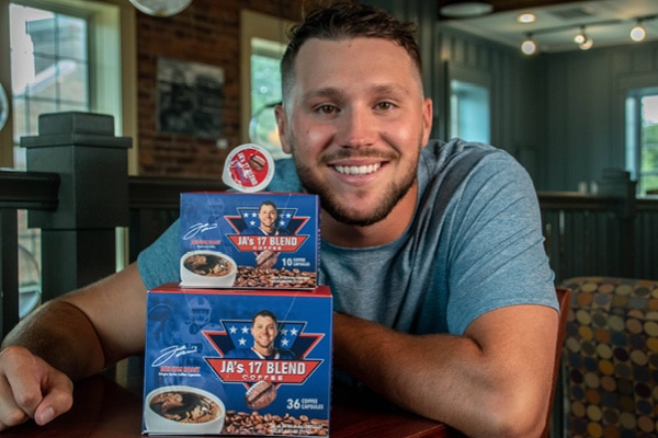 Buffalo Bills QB Josh Allen with his JA's 17 Blend Coffee