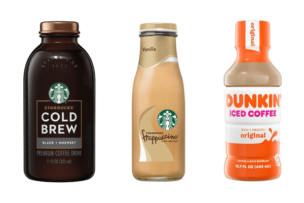 Images of Starbucks bottled cold brew, Starbucks bottled Frappuccino, and Dunkin Donuts bottled iced coffee