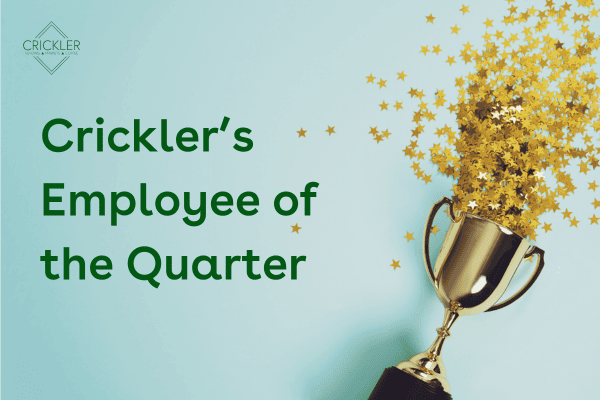 A blue background with a gold trophy spilling stars that says "Crickler's Employee of the Quarter"